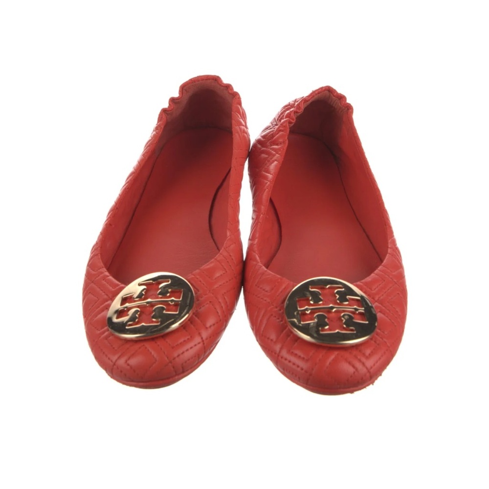 Tory Burch Red Quilted Flats with Gold Logo